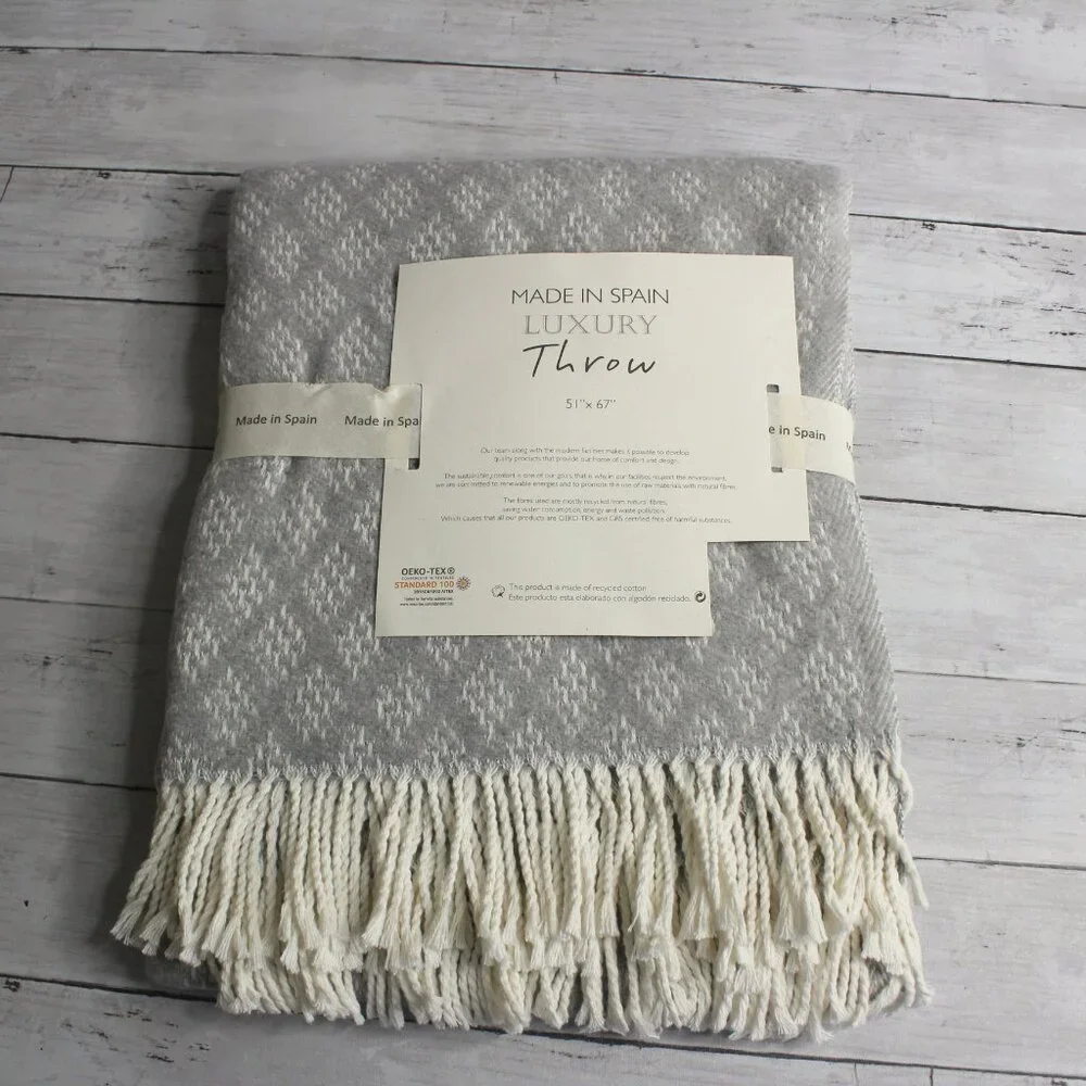 Made in Spain Throw Blanket Gray Cream with Fringe Cotton Blend